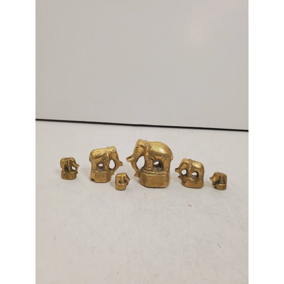 vintage Solid Brass Elephants with Trunk Up heavy family set of six - Picture 5 of 10